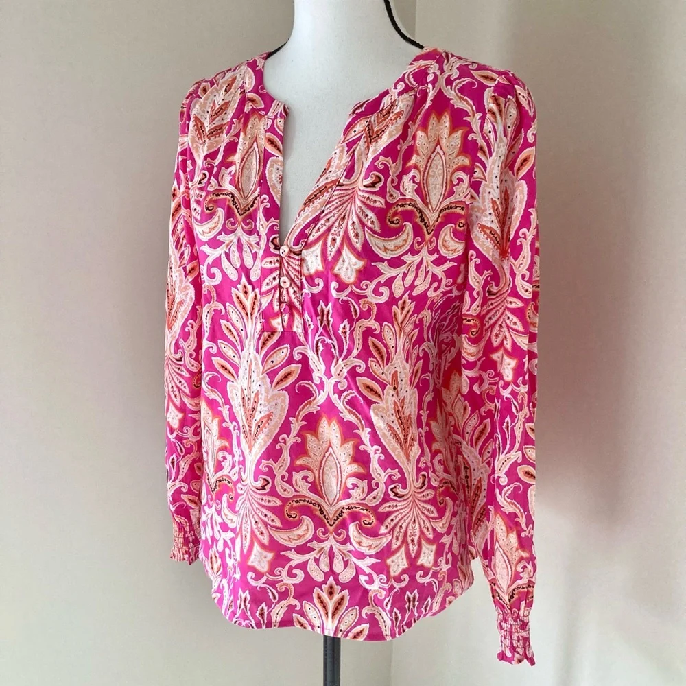 Loft Paisley Smocked Cuff V-Neck Button Blouse Size S